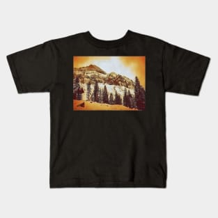 Sepia toned photo of snow capped mountains in Switzerland Kids T-Shirt